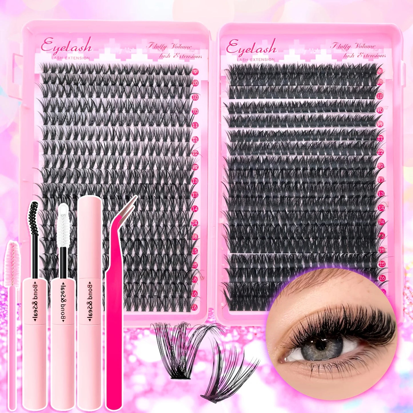 720/200pcs eyelash Extension Kit Fluffy Eyelash Extension kit with Lash Bond and Seal Lash Tweezers Thick Lash Clusters