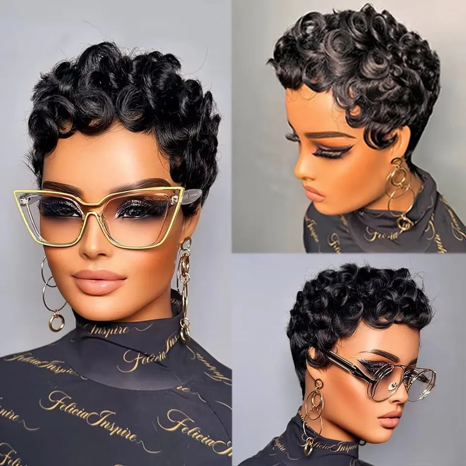 Curly Pixie Cut Human Hair Wigs For Women Black Full Machine Made Short Curly Wigs For Women  Brazilian Remy Hair 150% Density
