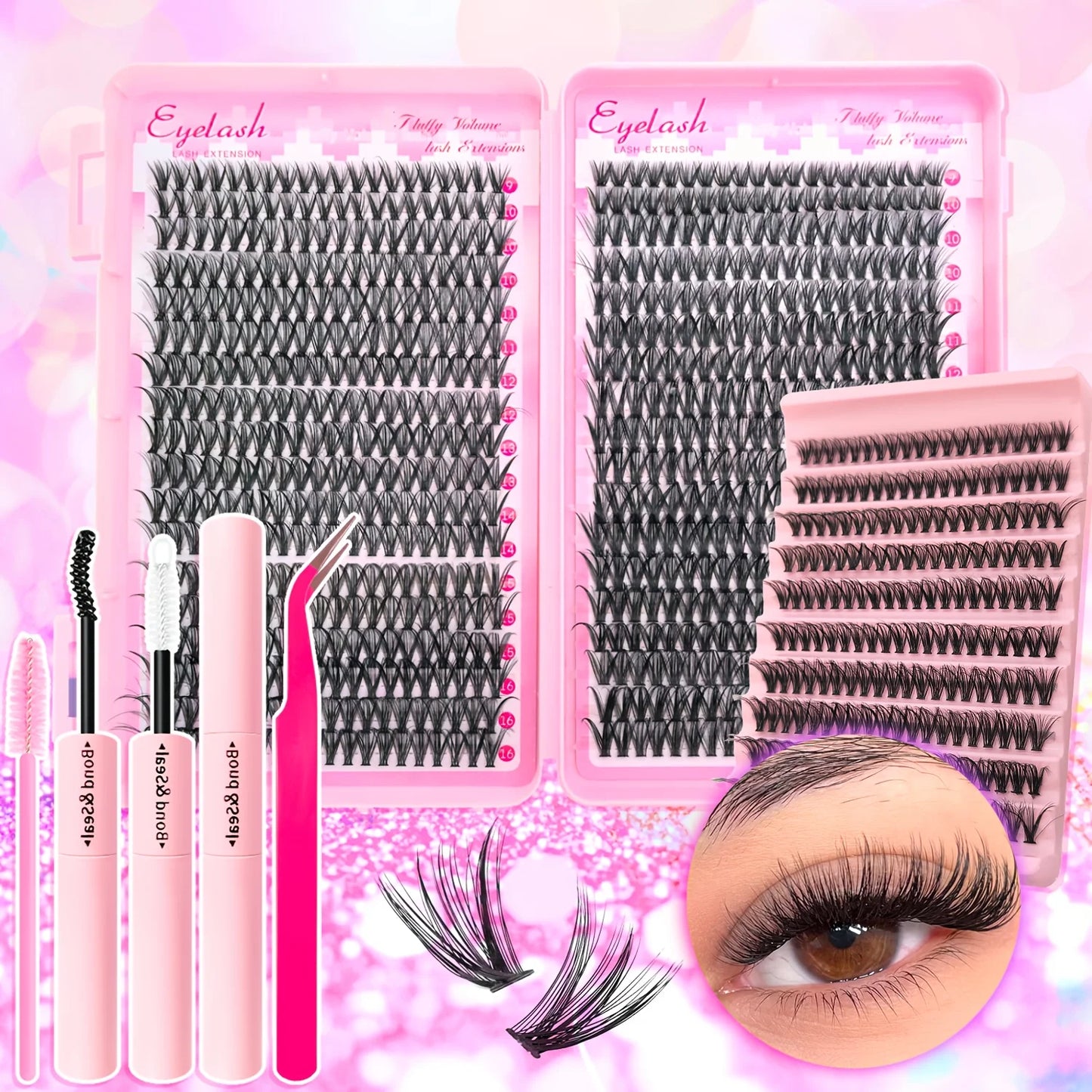 720/200pcs eyelash Extension Kit Fluffy Eyelash Extension kit with Lash Bond and Seal Lash Tweezers Thick Lash Clusters