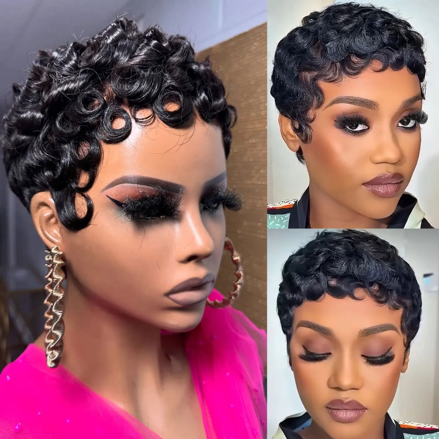 Curly Pixie Cut Human Hair Wigs For Women Black Full Machine Made Short Curly Wigs For Women  Brazilian Remy Hair 150% Density