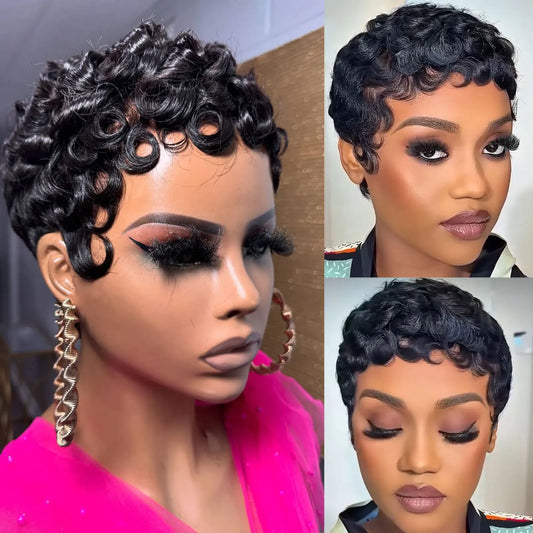 Curly Pixie Cut Human Hair Wigs For Women Black Full Machine Made Short Curly Wigs For Women  Brazilian Remy Hair 150% Density
