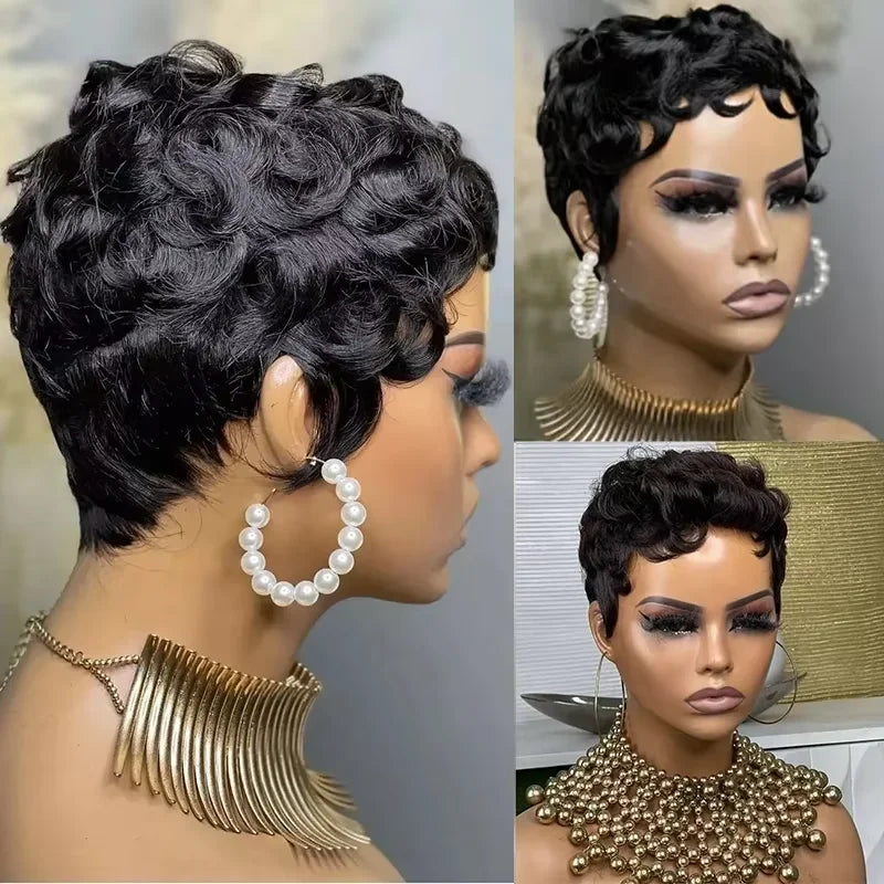 Curly Pixie Cut Human Hair Wigs For Women Black Full Machine Made Short Curly Wigs For Women  Brazilian Remy Hair 150% Density