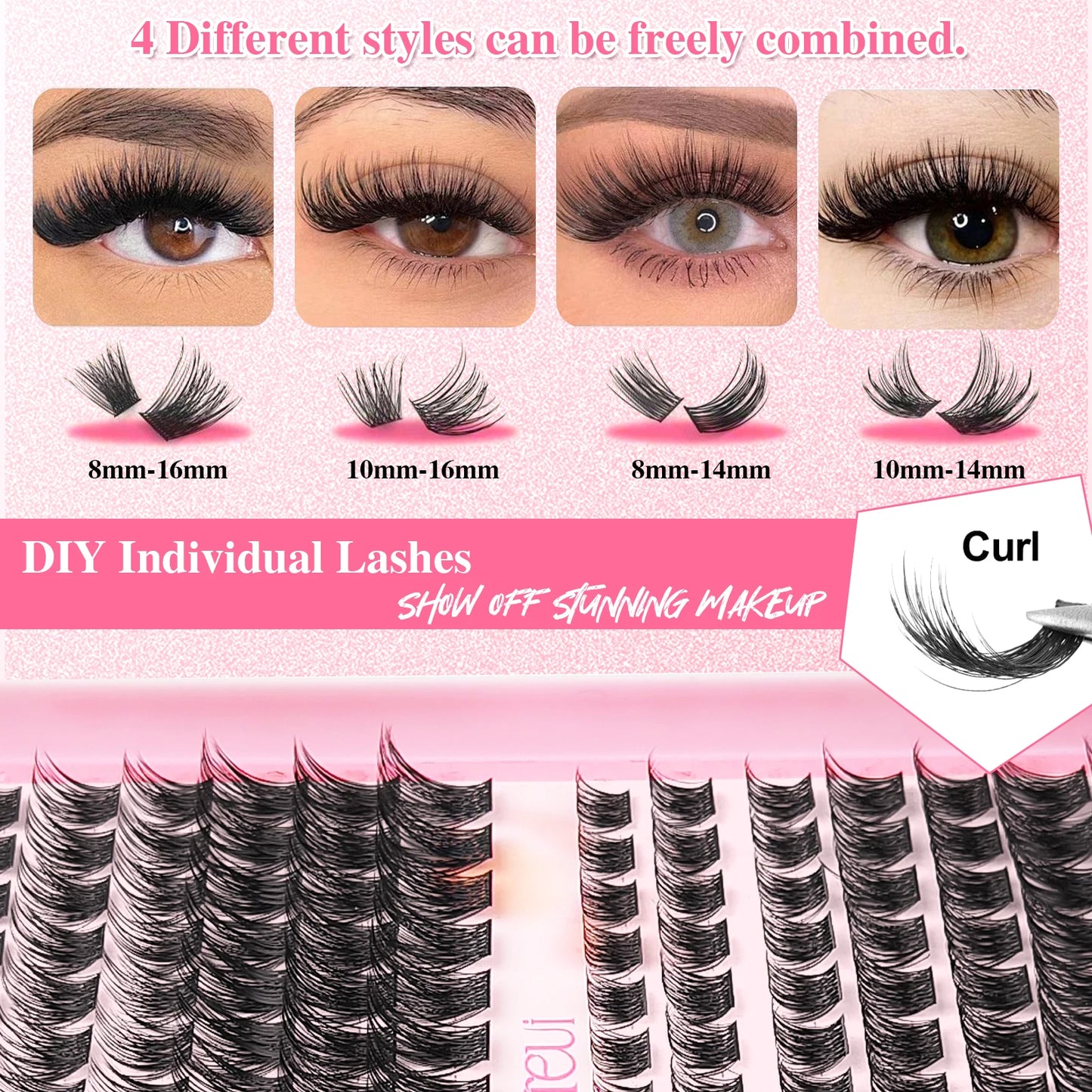 60D 80D DIY Lash Extension Kit D Curl 8-18mm Individual Lash Clusters With Lash Bond and Seal Tweezers Brush 4 Styles Fluffy Vol