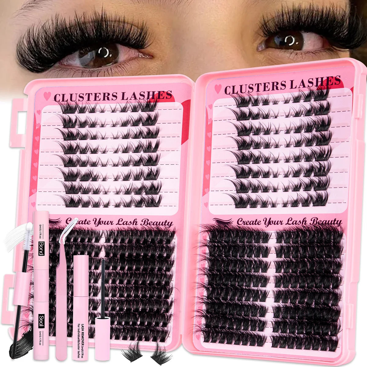 DIY Cluster Lashes Kit Individual Lashes Faux Mink Lashes Soft Eyelash Extension With Bond&Seal Lash Tweezer Makeup Reuseable