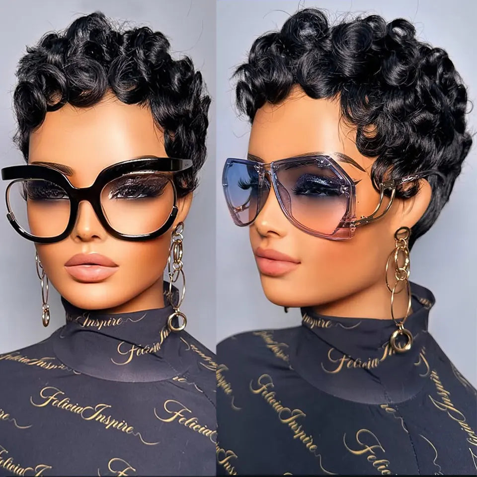 Curly Pixie Cut Human Hair Wigs For Women Black Full Machine Made Short Curly Wigs For Women  Brazilian Remy Hair 150% Density