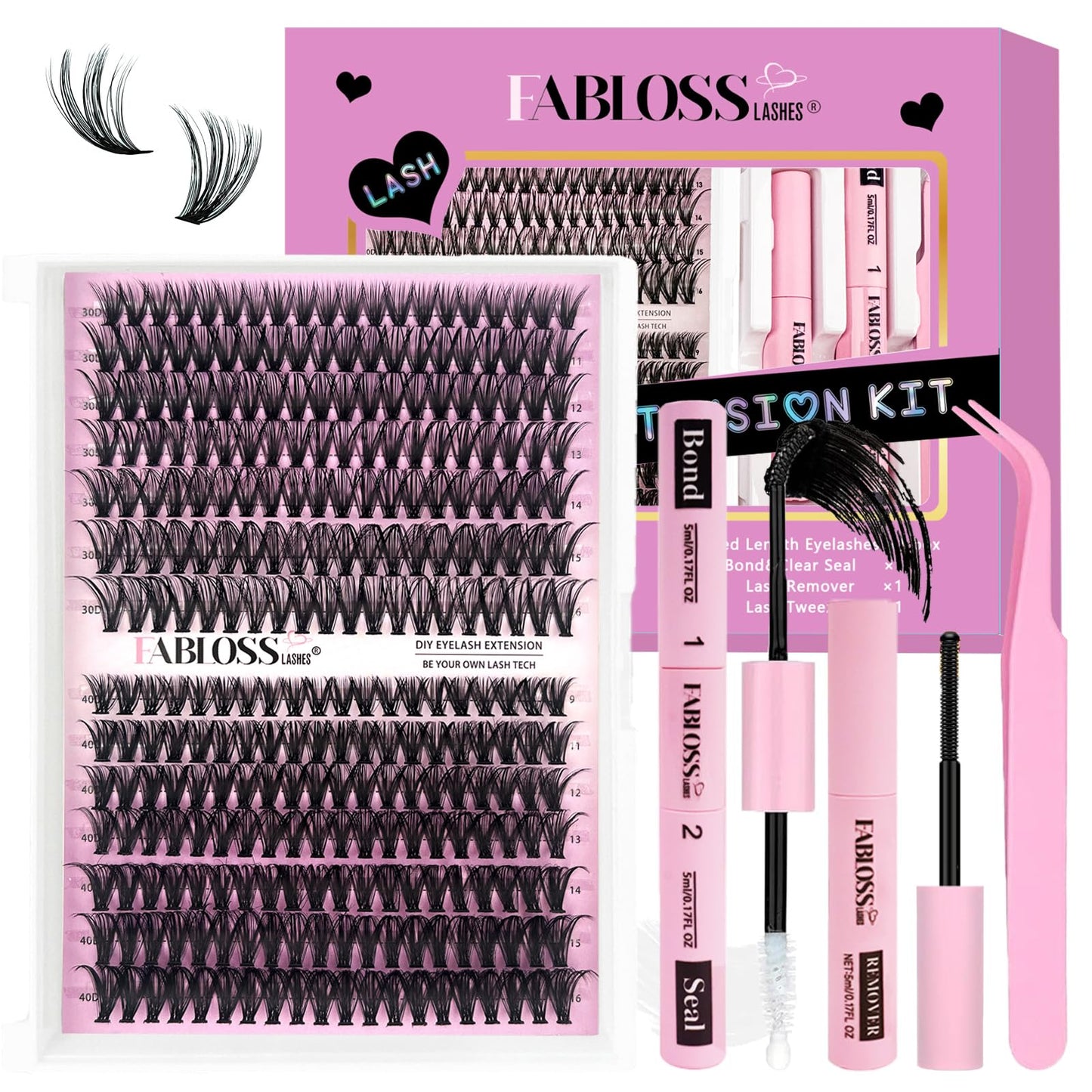 Fablosslashes Lash Extension Kit DIY 280Pcs Lash Clusters Eyelash Extension Kit 30D+40D Fluffy Lash Clusters Kit With Lash Bond And Seal Lash Remover Lash Tweezers(30D+40D 9-16mm Kit)