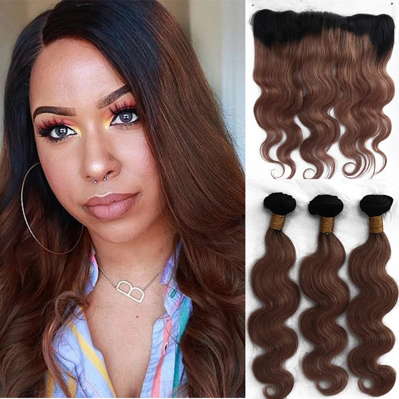 1B 33 Ombre Chocolate Brown Human Hair Body Wave Extensions with Lace Frontal Woman Wet And Wavy Remy Human Hair Bundles