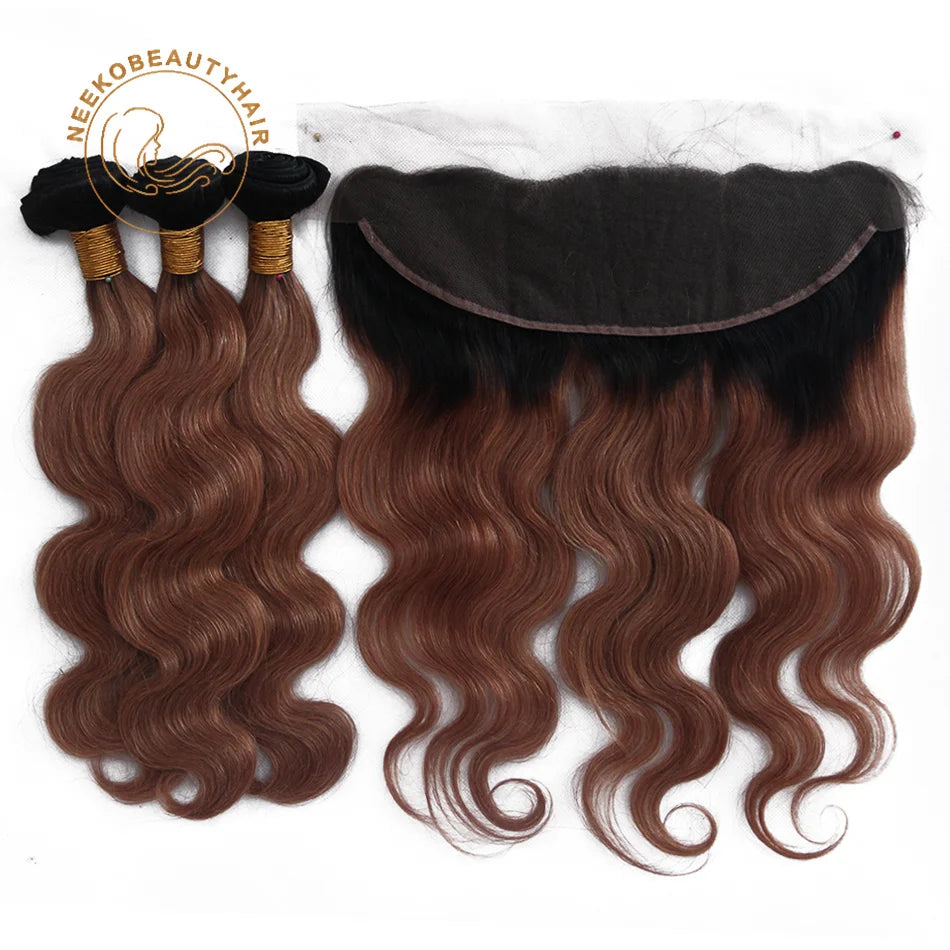 1B 33 Ombre Chocolate Brown Human Hair Body Wave Extensions with Lace Frontal Woman Wet And Wavy Remy Human Hair Bundles