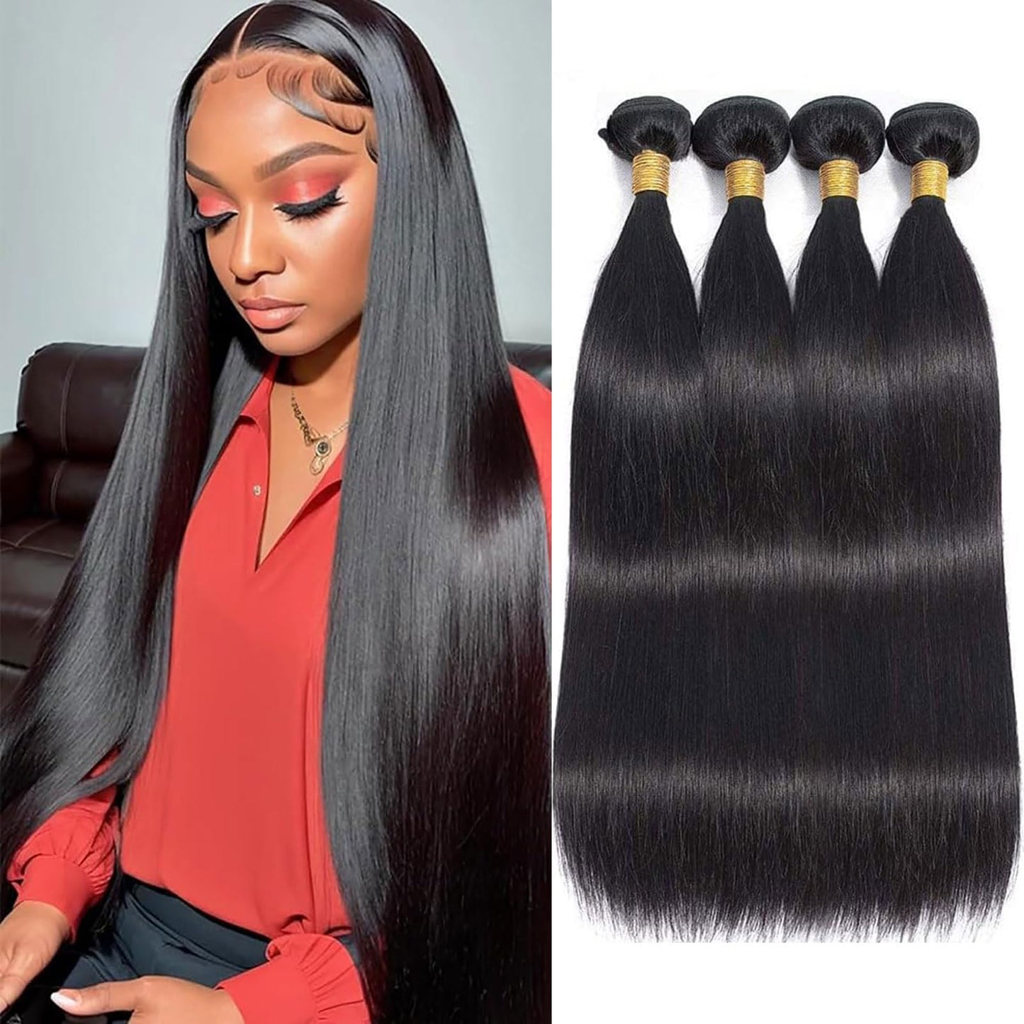 Human Hair Bundles 24 26 28 30Inch Straight Bundles Human Hair 100% Unprocessed Brazilian Virgin Hair 4 Bundles Deals Human Hair Extensions 12A Straight Weave Bundles Human Hair Natural Black