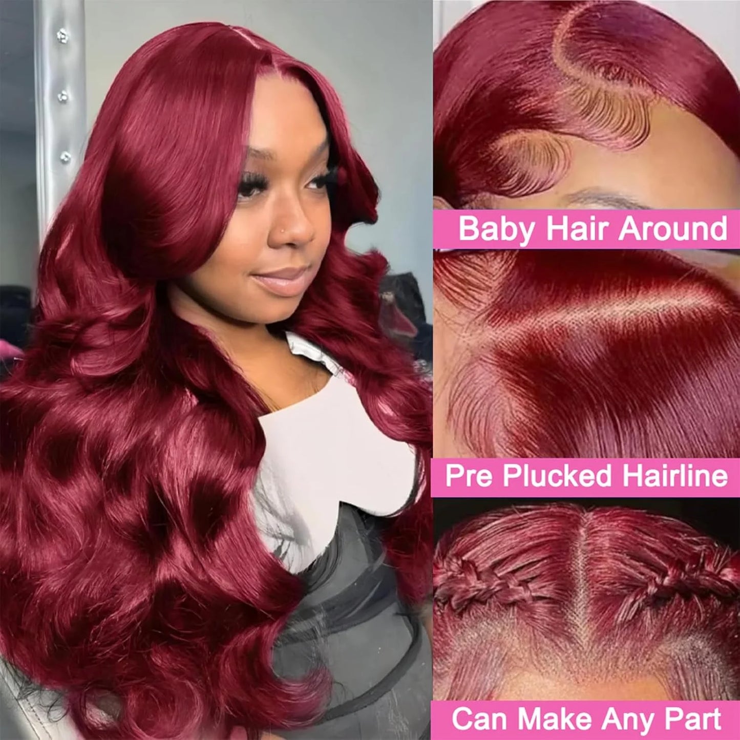 99J Burgundy Body Wave 13x4 Lace Full Front Human Hair 13x6 HD Lace Frontal Wigs 46 Inch Max-lace Red Colored Wig For Women