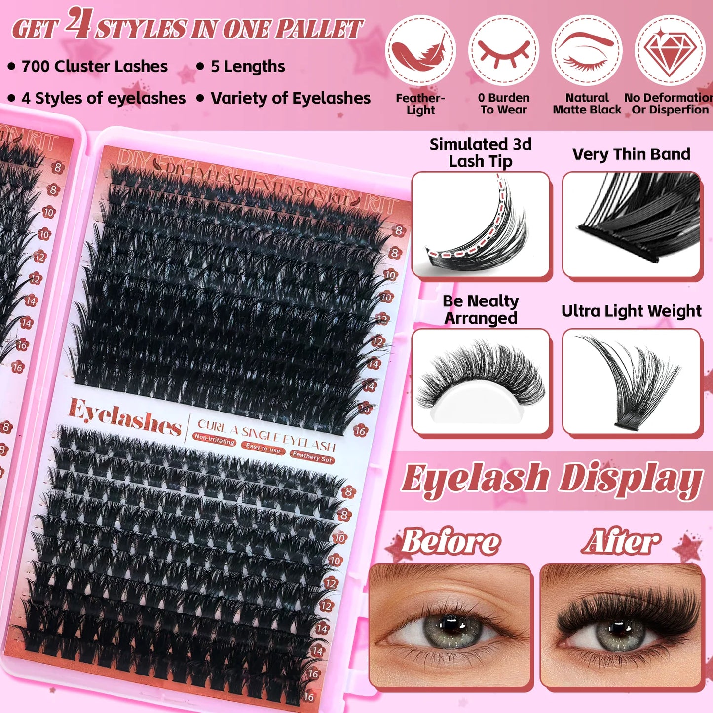 D Curl Eyelashes Clusters Beginner Friendly High Capacity Eyelash Book Set for Different Makeup Beauty Gift for Women Lash Kit