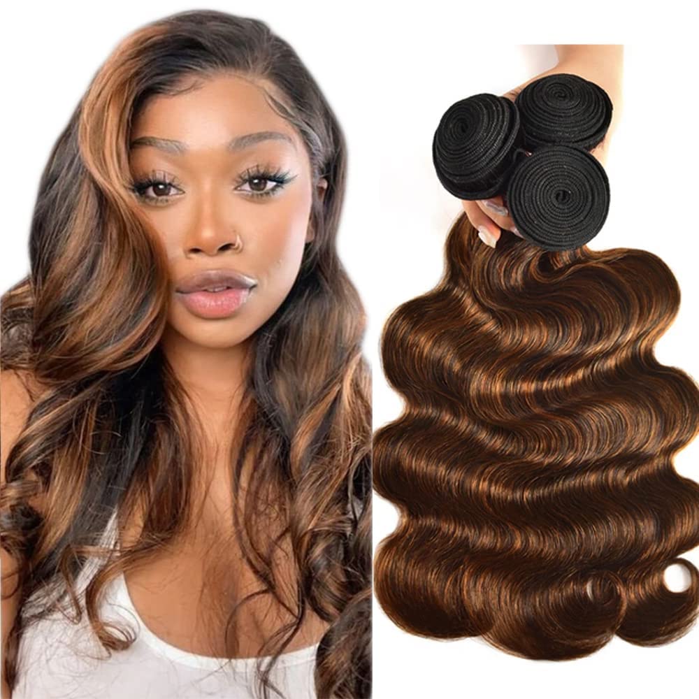 Condescension Bundles Human Hair Body Wave Human Hair Bundles 16 18 20 Inch Brazilian Chocolate Brown Highlight P4/30 Body Wave Bundles Human Hair Weave Bundles Human Hair for Black Women