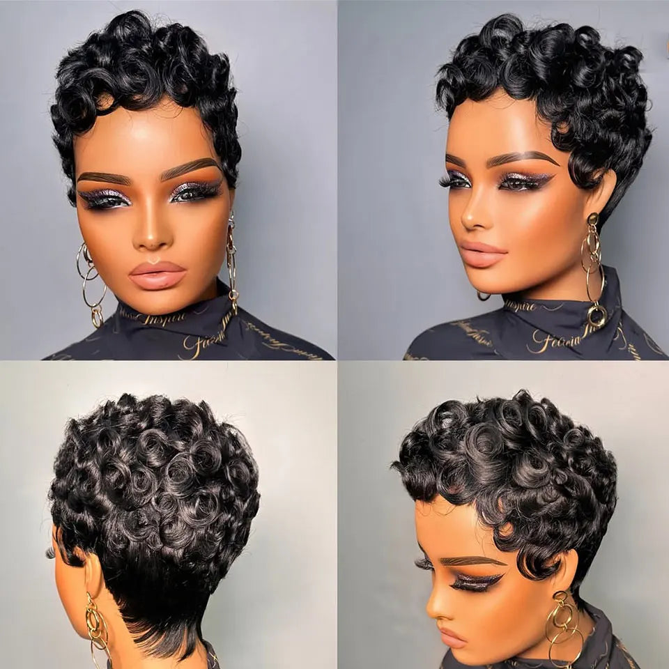 Curly Pixie Cut Human Hair Wigs For Women Black Full Machine Made Short Curly Wigs For Women  Brazilian Remy Hair 150% Density