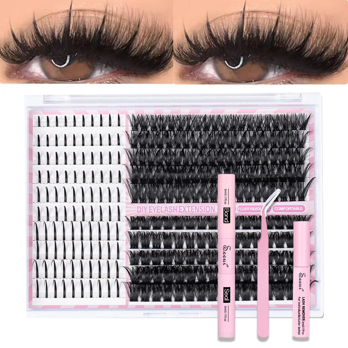 DIY Cluster Lashes Kit Individual Lashes Faux Mink Lashes Soft Eyelash Extension With Bond&Seal Lash Tweezer Makeup Reuseable