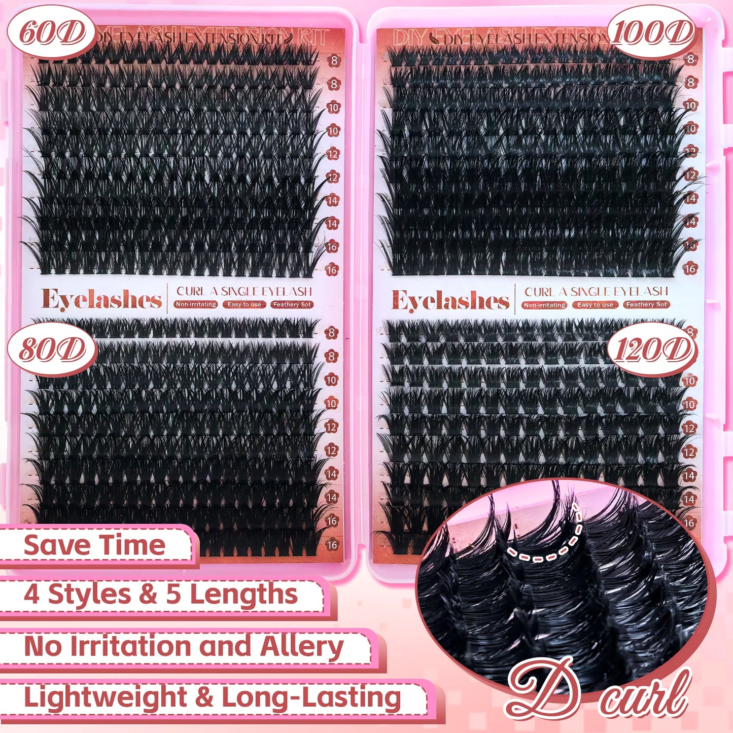 D Curl Eyelashes Clusters Beginner Friendly High Capacity Eyelash Book Set for Different Makeup Beauty Gift for Women Lash Kit