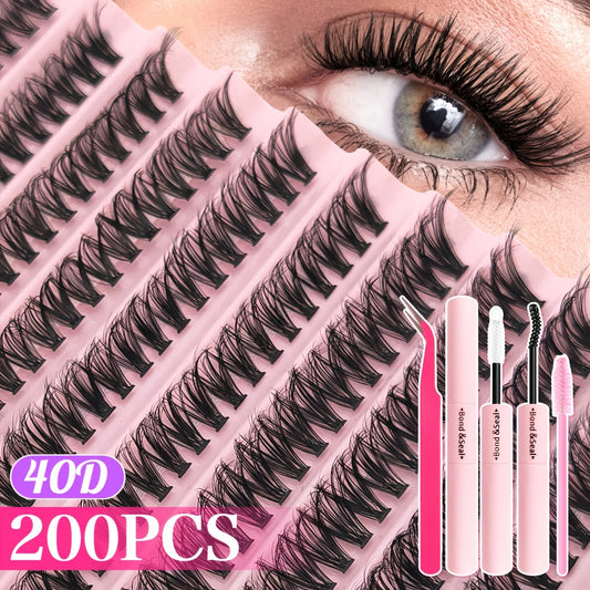 720/200pcs eyelash Extension Kit Fluffy Eyelash Extension kit with Lash Bond and Seal Lash Tweezers Thick Lash Clusters